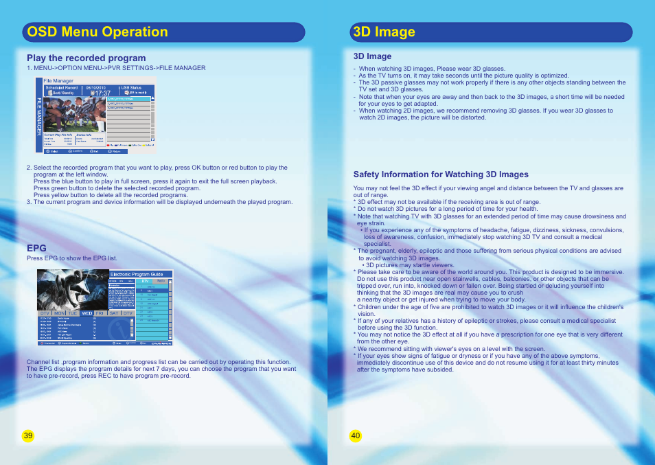 Osd menu operation 3d image, Play the recorded program, 3d image safety information for watching 3d images | SONIQ E42S14A E47S14A E55S14A User Manual | Page 20 / 24