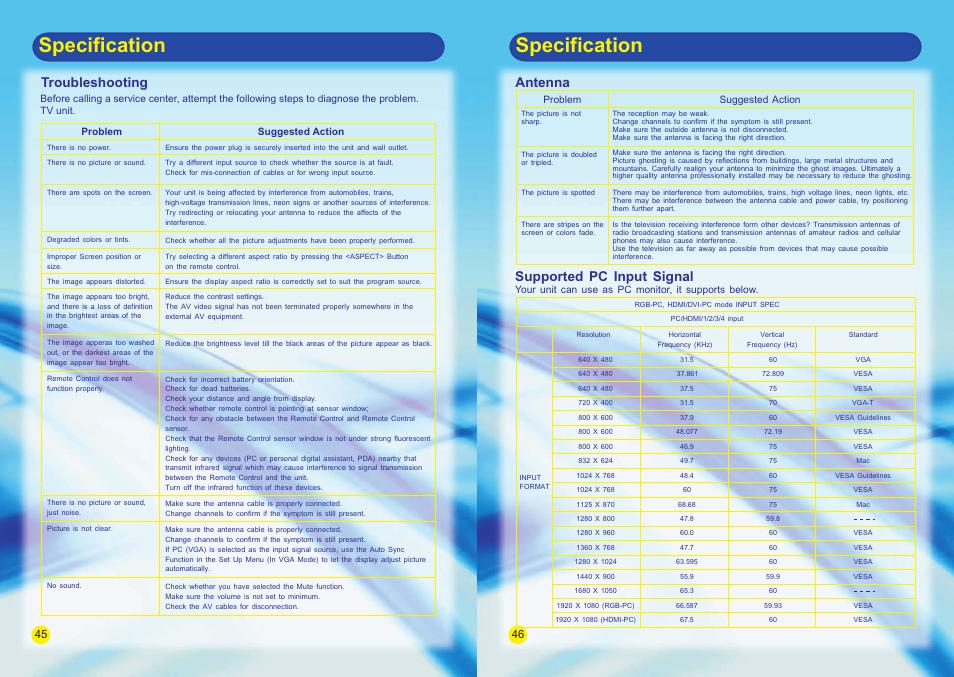 Specification, Troubleshooting, Antenna | Supported pc input signal | SONIQ E42S14A E47S14A E55S14A User Manual | Page 23 / 24