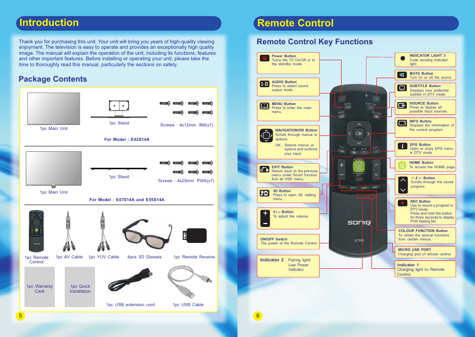 Introduction remote control, Package contents, Remote control key functions | SONIQ E42S14A E47S14A E55S14A User Manual | Page 3 / 24