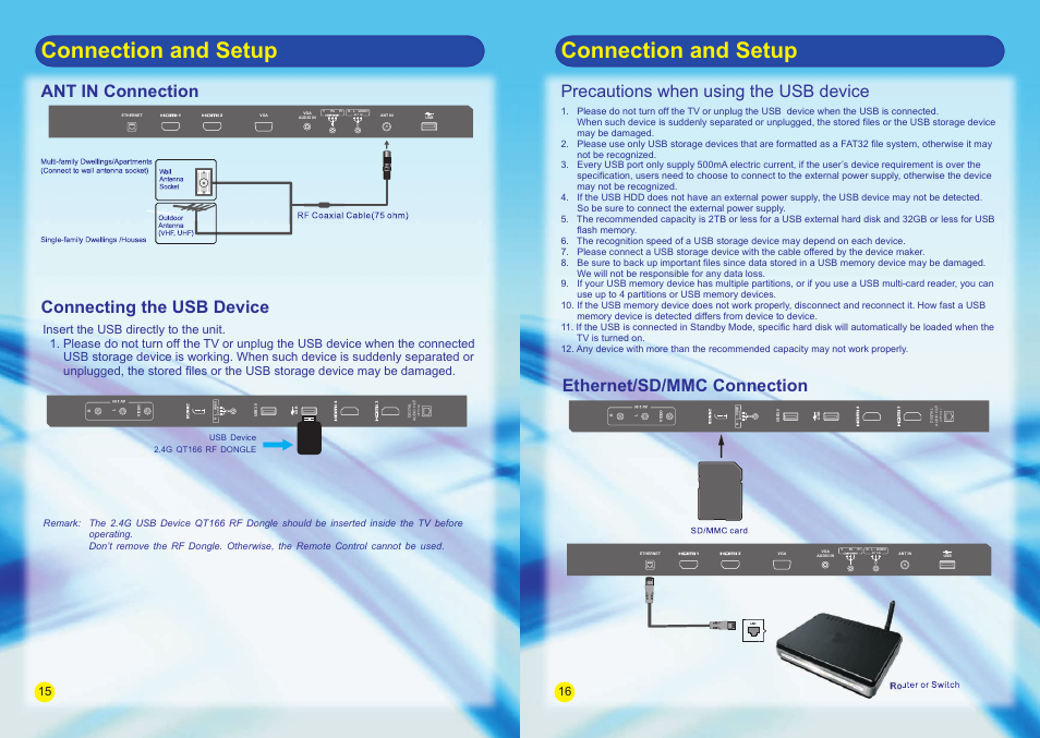 Connection and setup, Ethernet/sd/mmc connection, Ant in connection connecting the usb device | Precautions when using the usb device | SONIQ E42S14A E47S14A E55S14A User Manual | Page 8 / 24