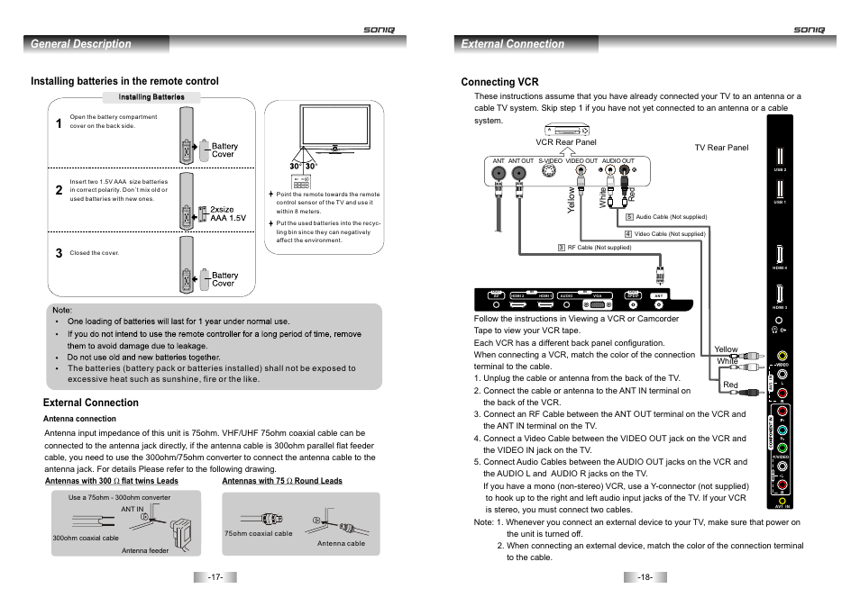 页 10, Atv dtv hdmi sleep input sound picture zoom, General description | Installing batteries in the remote control, External connection, Connecting vcr | SONIQ E46Z10A User Manual | Page 10 / 25