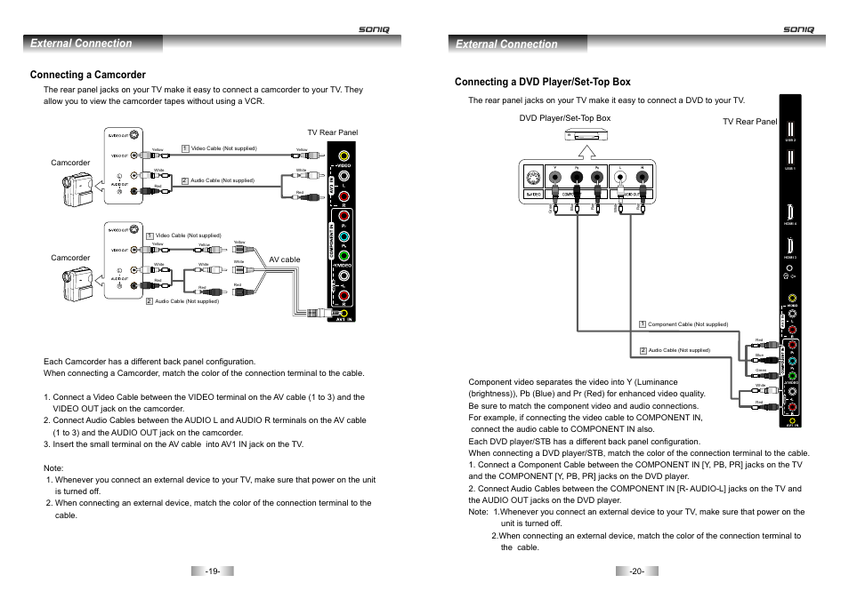 页 11, External connection, Connecting a dvd player/set-top box | Connecting a camcorder | SONIQ E46Z10A User Manual | Page 11 / 25