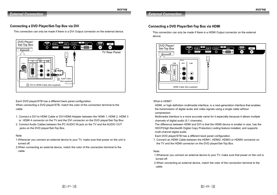 页 12, External connection, Connecting a dvd player/set-top box via dvi | Connecting a dvd player/set-top box via hdmi | SONIQ E46Z10A User Manual | Page 12 / 25