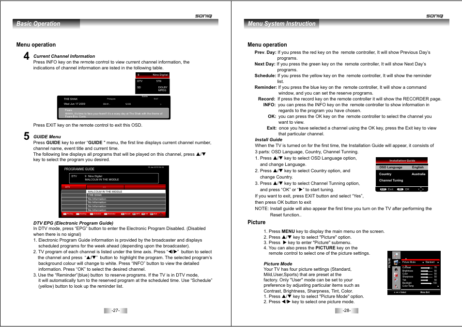 页 15, Basic operation, Menu system instruction | Menu operation, Picture | SONIQ E46Z10A User Manual | Page 15 / 25