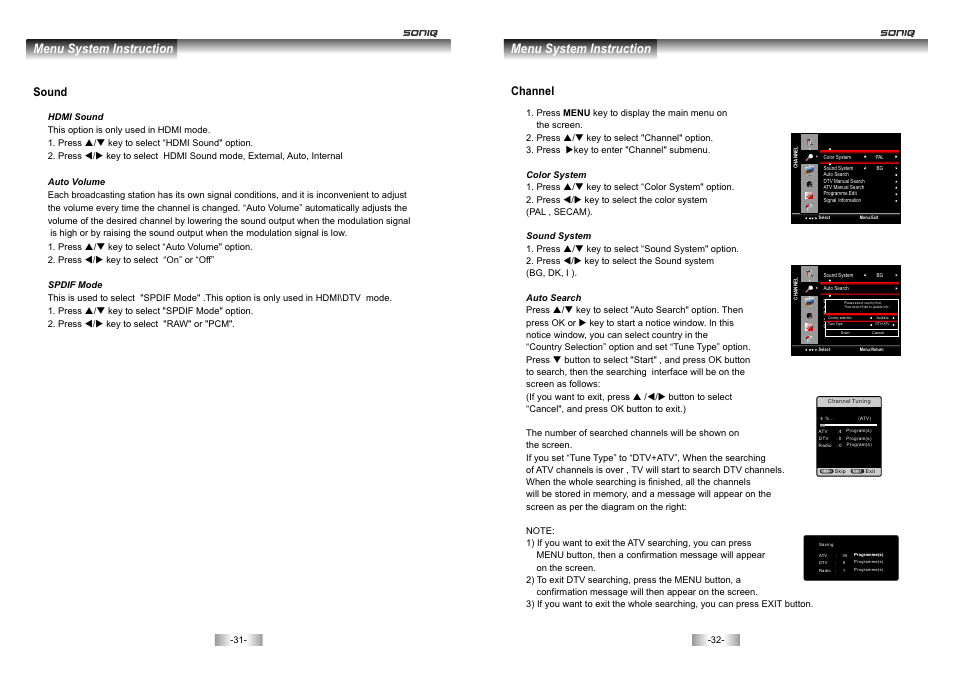 页 17, Menu system instruction, Sound | Channel | SONIQ E46Z10A User Manual | Page 17 / 25