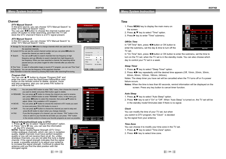 页 18, Menu system instruction, Channel | Time | SONIQ E46Z10A User Manual | Page 18 / 25