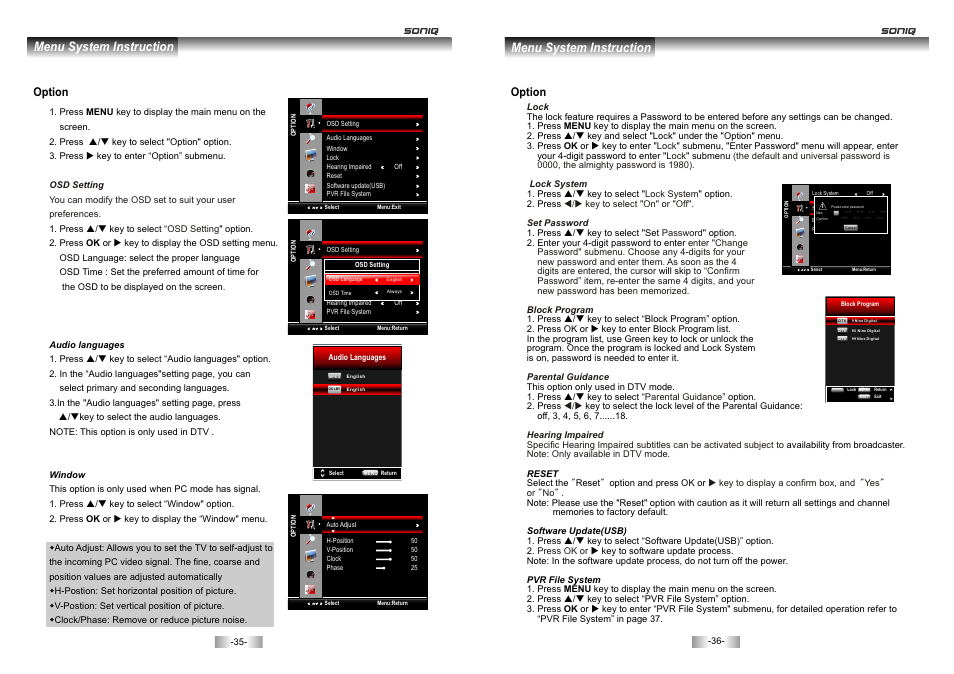 页 19, Menu system instruction, Option | SONIQ E46Z10A User Manual | Page 19 / 25