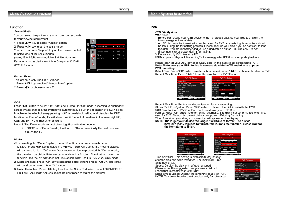 页 20, Menu system instruction, Function | SONIQ E46Z10A User Manual | Page 20 / 25
