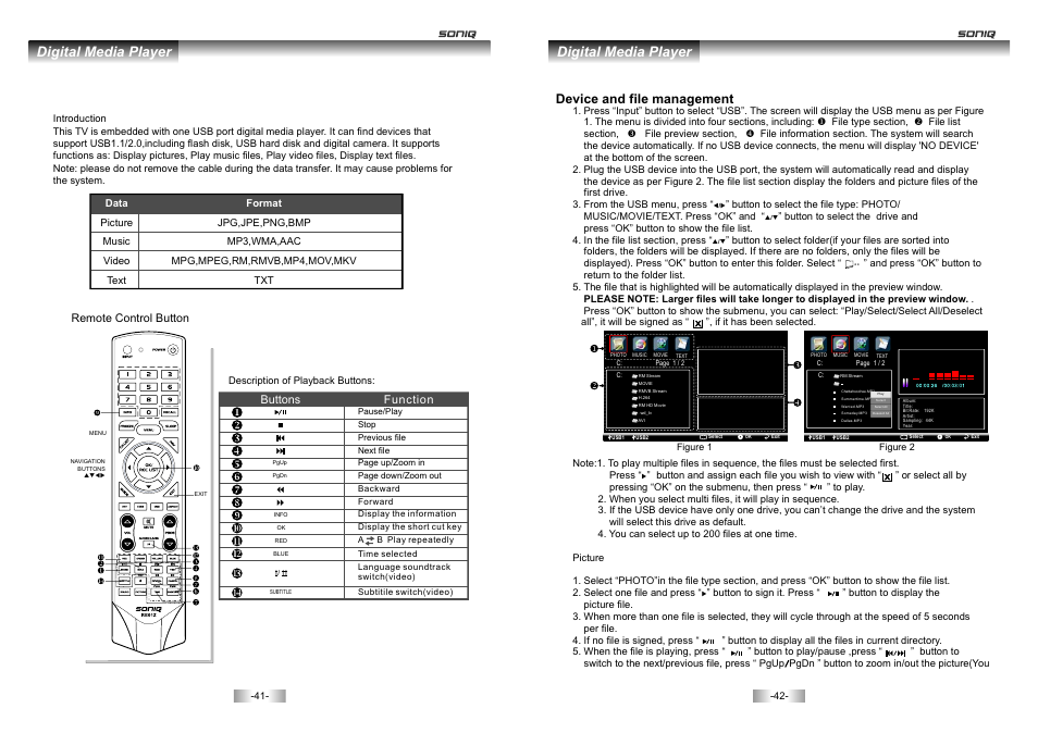 页 22, Digital media player, Device and file management | SONIQ E46Z10A User Manual | Page 22 / 25