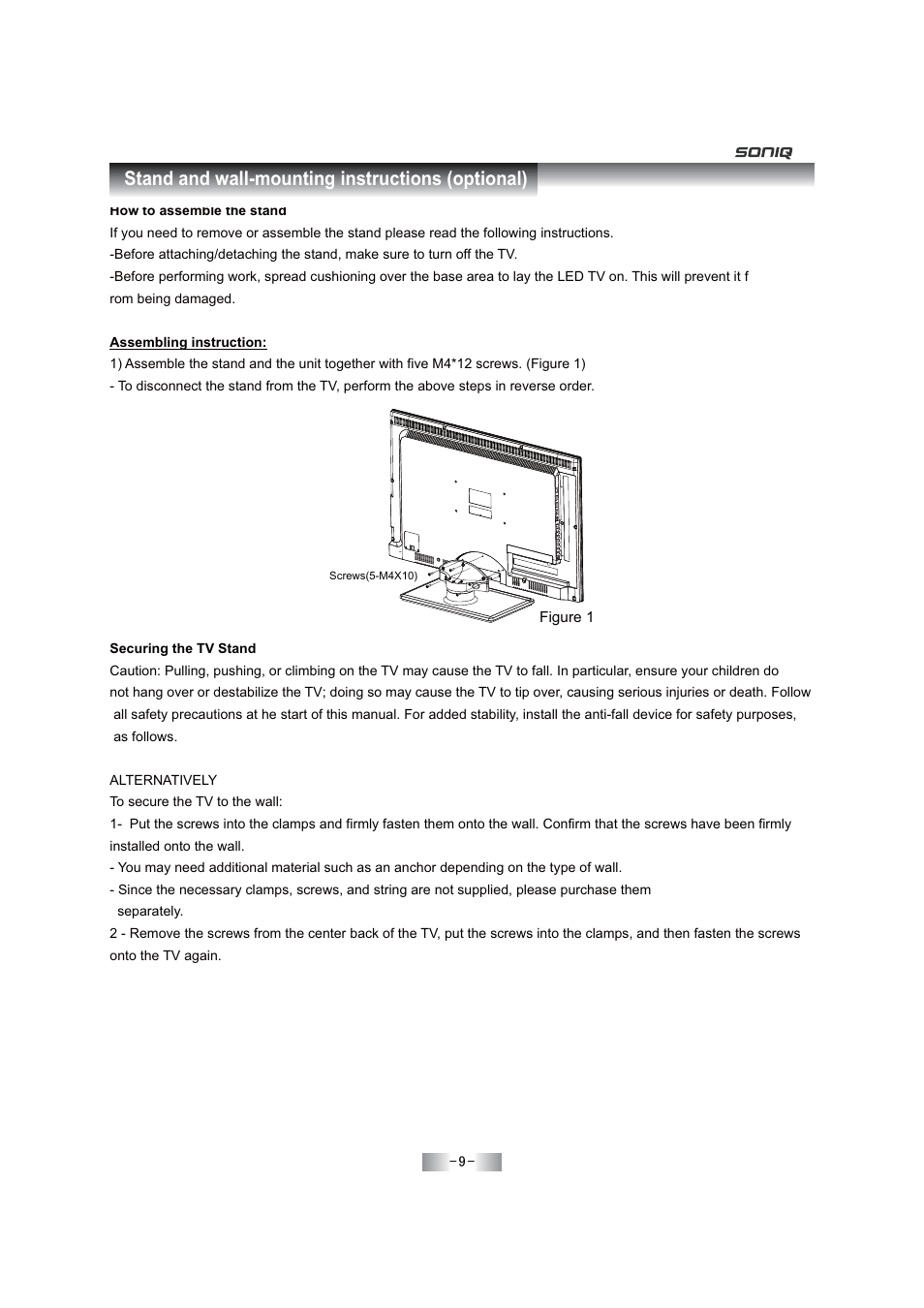 Stand and wall-mounting instructions (optional) | SONIQ E46Z11A User Manual | Page 10 / 55