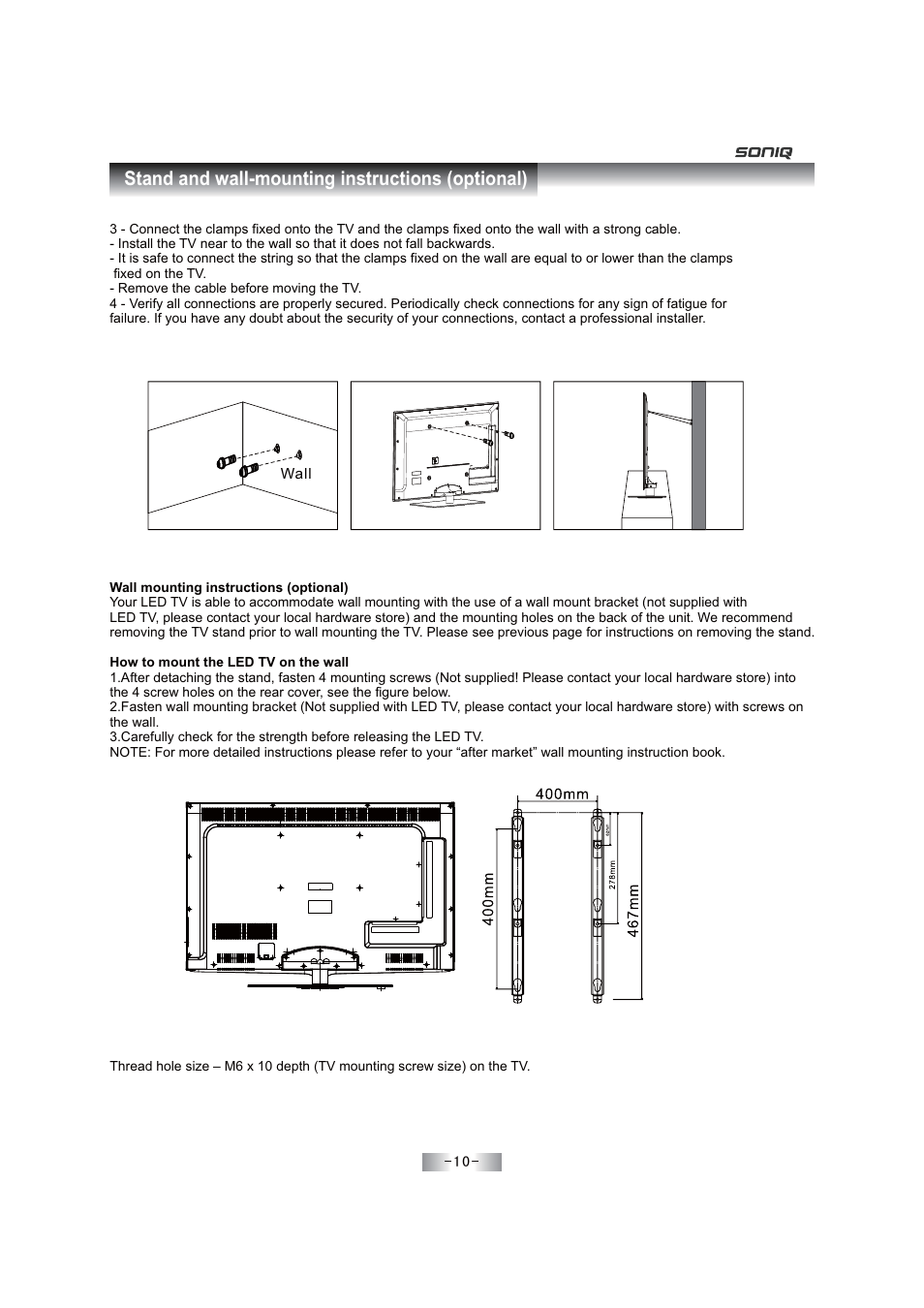 Stand and wall-mounting instructions (optional) | SONIQ E46Z11A User Manual | Page 11 / 55