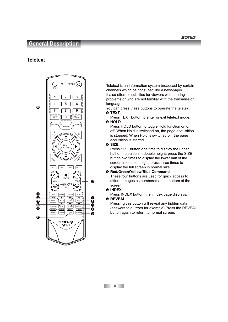 General description, Teletext | SONIQ E46Z11A User Manual | Page 16 / 55