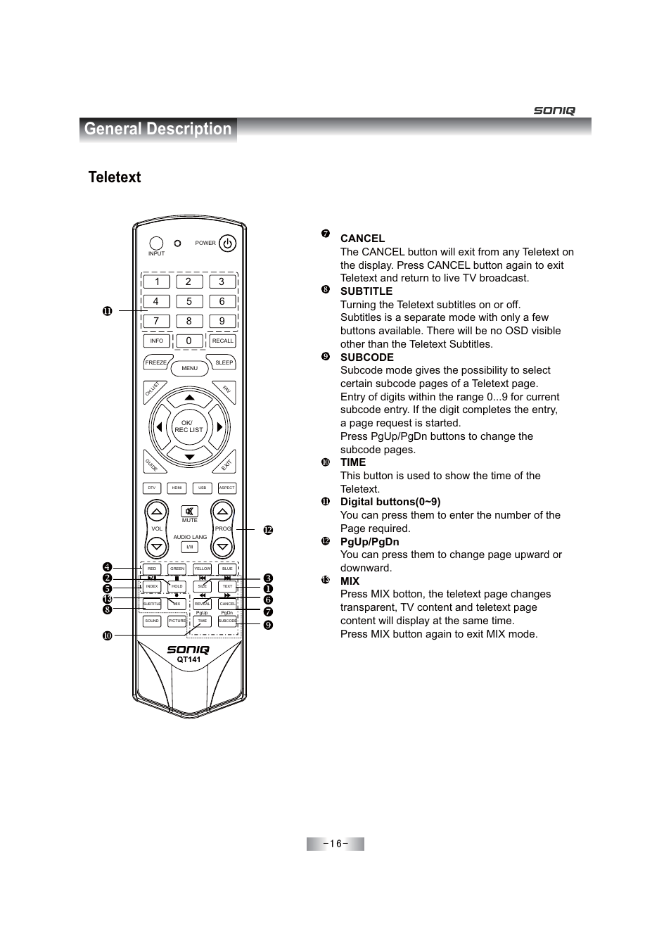 General description, Teletext | SONIQ E46Z11A User Manual | Page 17 / 55