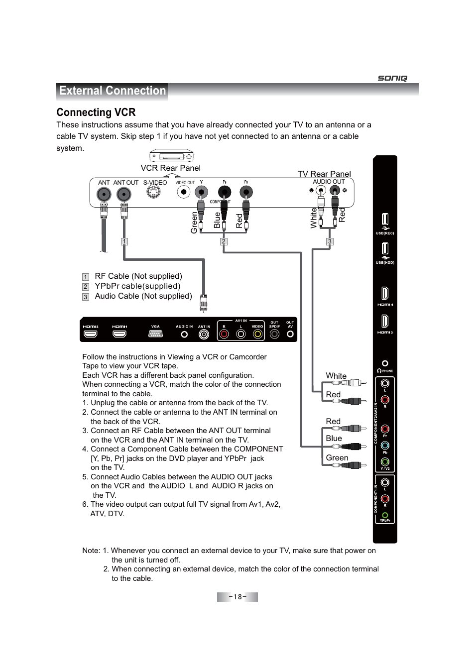 External connection, Connecting vcr | SONIQ E46Z11A User Manual | Page 19 / 55