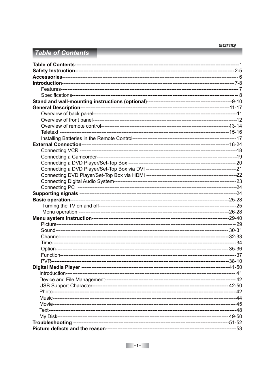 SONIQ E46Z11A User Manual | Page 2 / 55