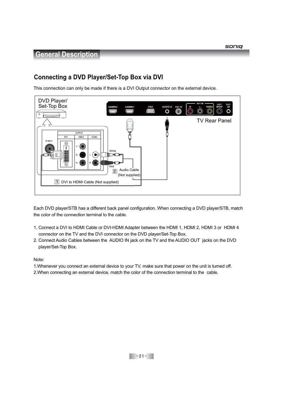 External connection, General description, Connecting a dvd player/set-top box via dvi | SONIQ E46Z11A User Manual | Page 22 / 55