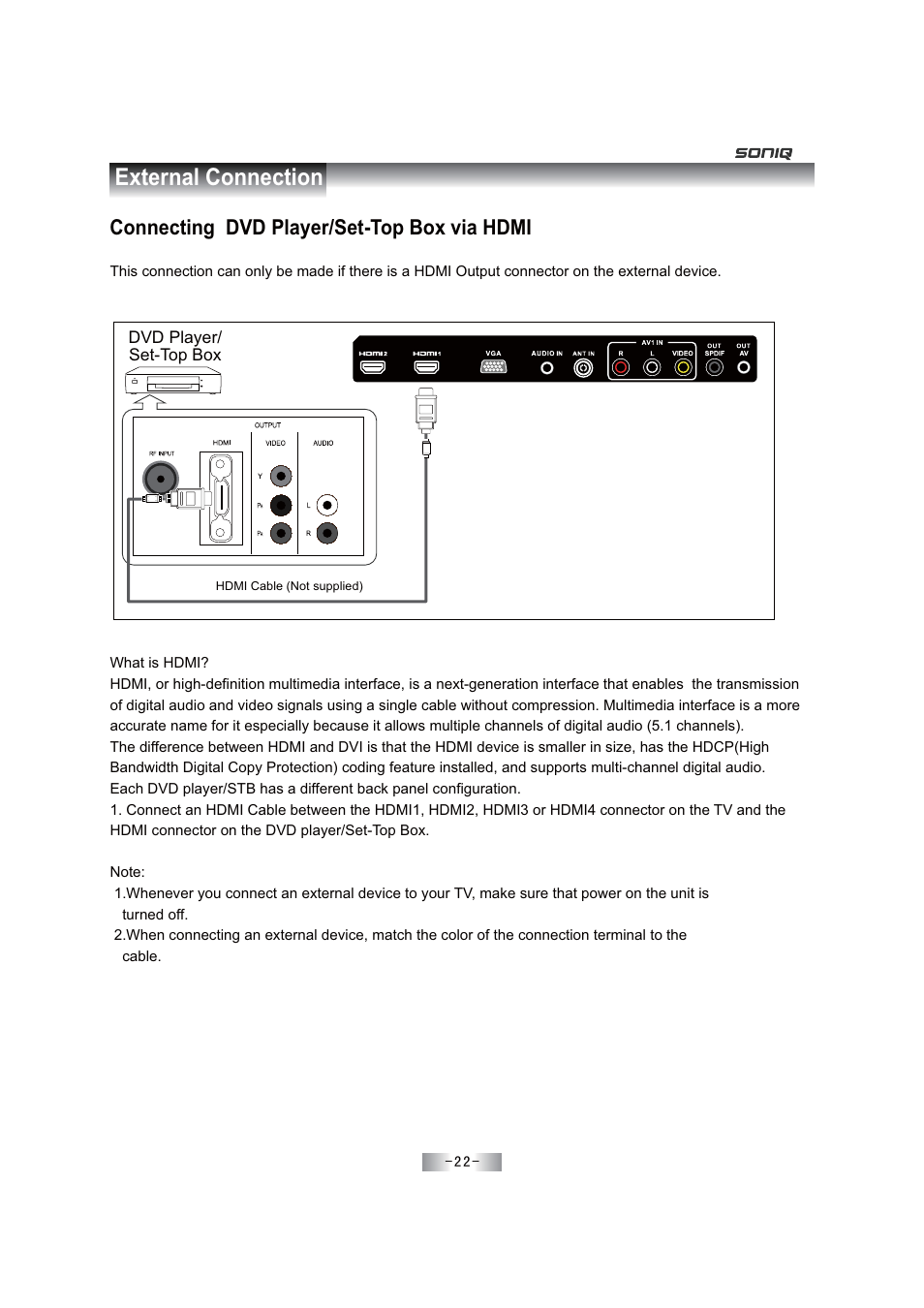 External connection, Connecting dvd player/set-top box via hdmi | SONIQ E46Z11A User Manual | Page 23 / 55