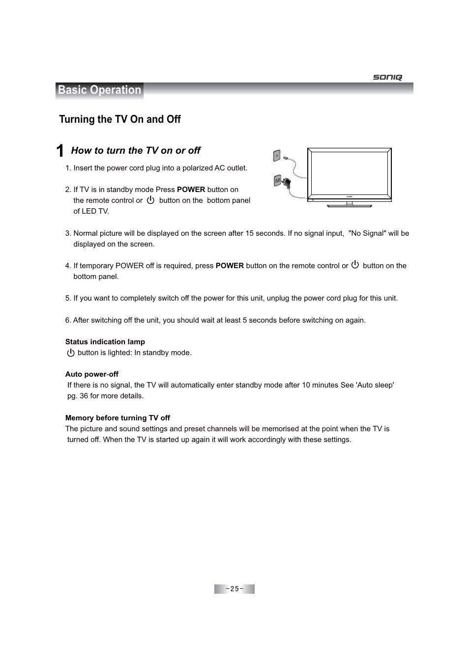 Basic operation, Turning the tv on and off | SONIQ E46Z11A User Manual | Page 26 / 55