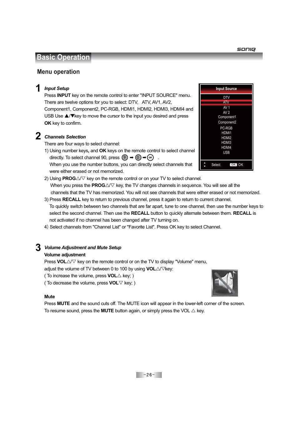Basic operation | SONIQ E46Z11A User Manual | Page 27 / 55