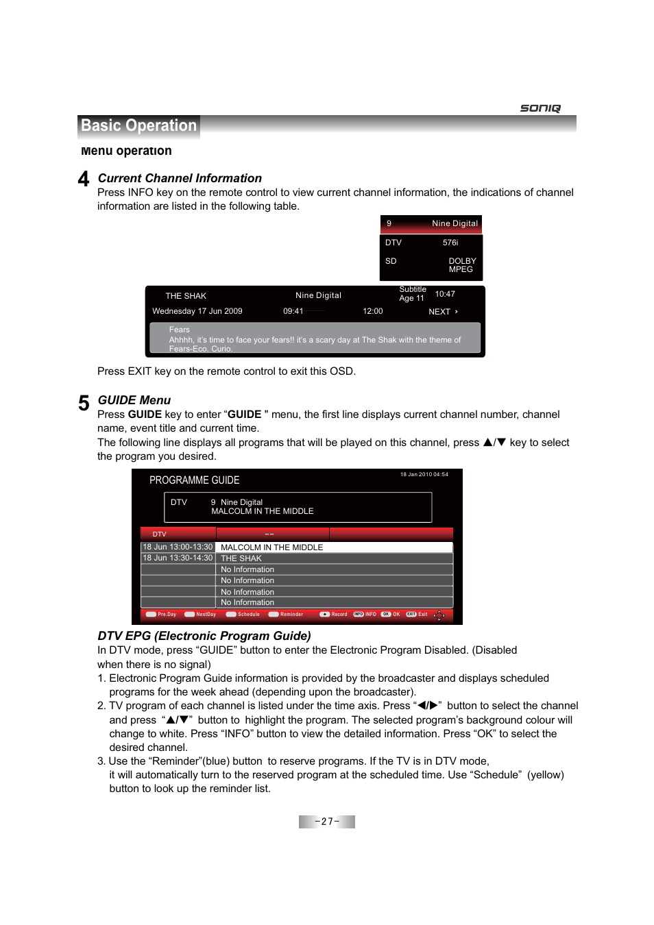 Basic operation, Menu operation, Current channel information | Guide menu, Dtv epg (electronic program guide) | SONIQ E46Z11A User Manual | Page 28 / 55