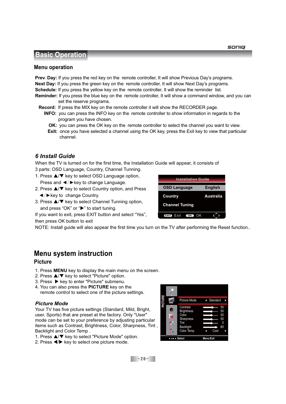 Menu system instruction, Basic operation | SONIQ E46Z11A User Manual | Page 29 / 55