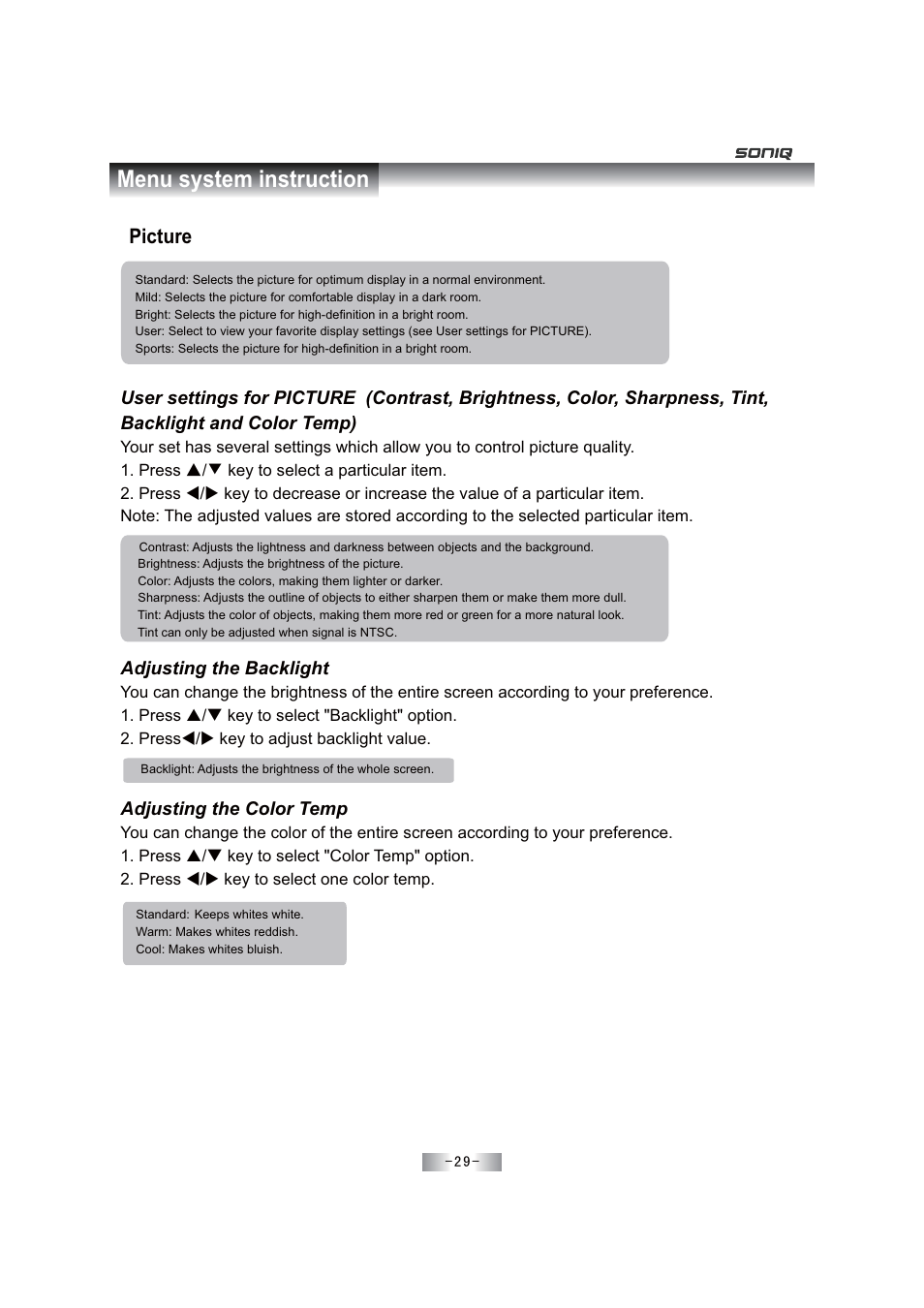 Menu system instruction, Picture | SONIQ E46Z11A User Manual | Page 30 / 55