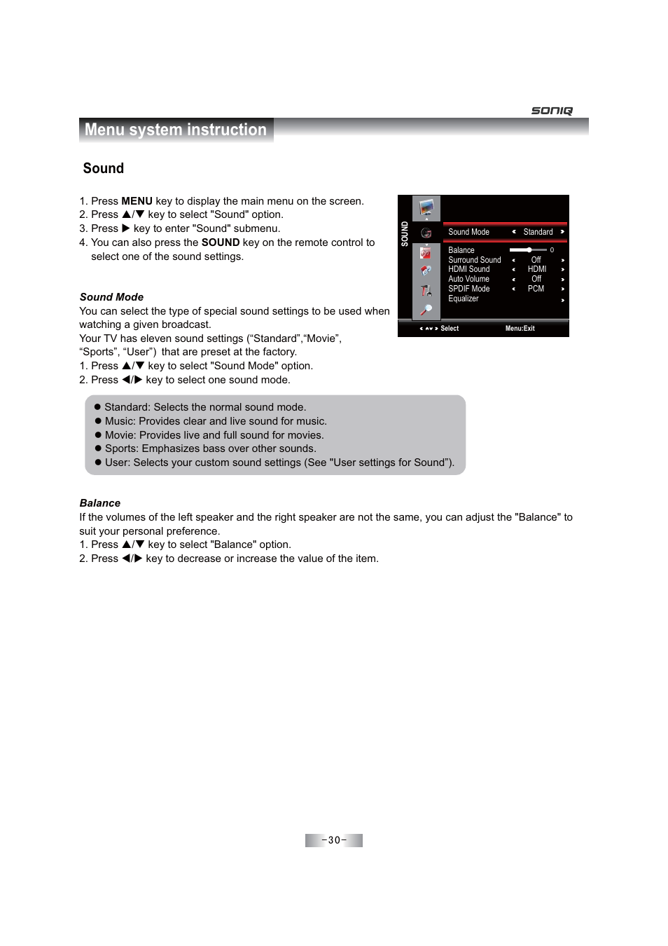 Menu system instruction, Sound | SONIQ E46Z11A User Manual | Page 31 / 55