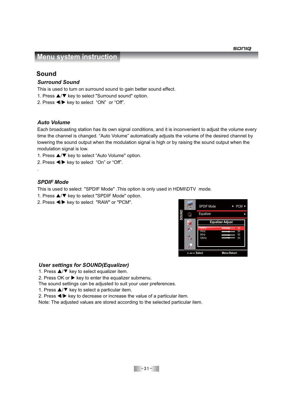 Menu system instruction, Sound, Surround sound | Auto volume, Spdif mode, User settings for sound(equalizer) | SONIQ E46Z11A User Manual | Page 32 / 55
