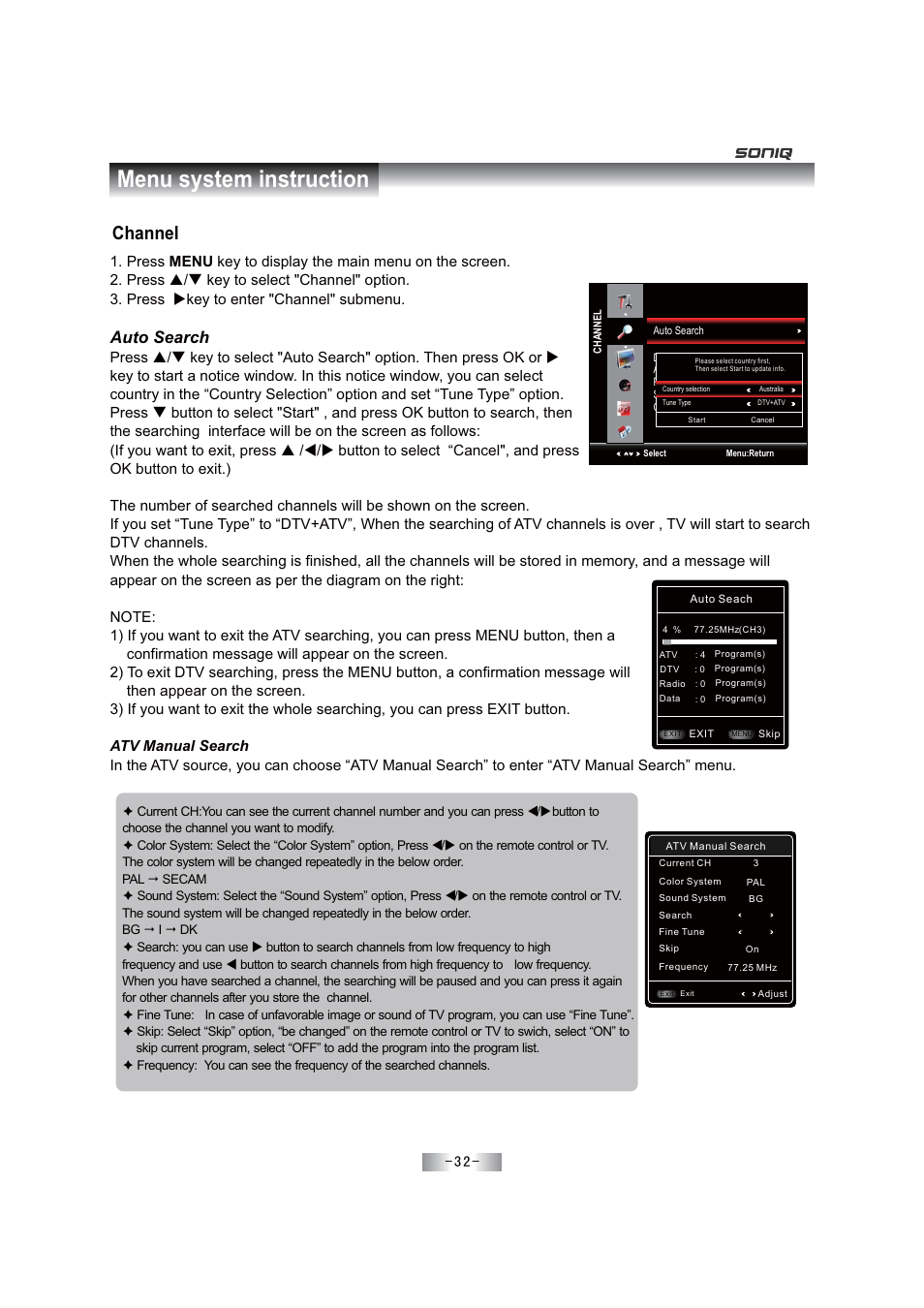 Menu system instruction, Channel, Auto search | SONIQ E46Z11A User Manual | Page 33 / 55
