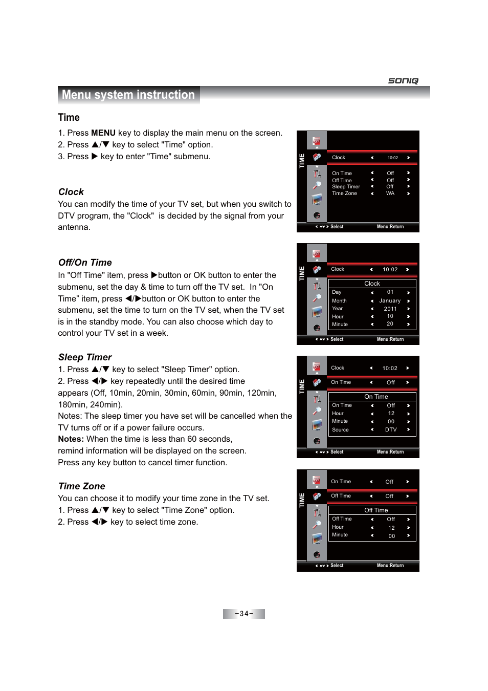 Menu system instruction, Time, Sleep timer | Clock, Off/on time, Time zone | SONIQ E46Z11A User Manual | Page 35 / 55