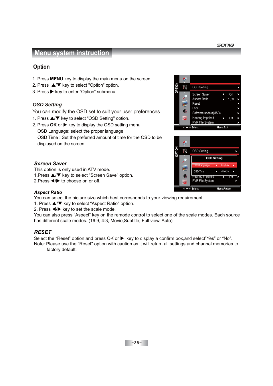 Menu system instruction, Option, Screen saver | Reset | SONIQ E46Z11A User Manual | Page 36 / 55