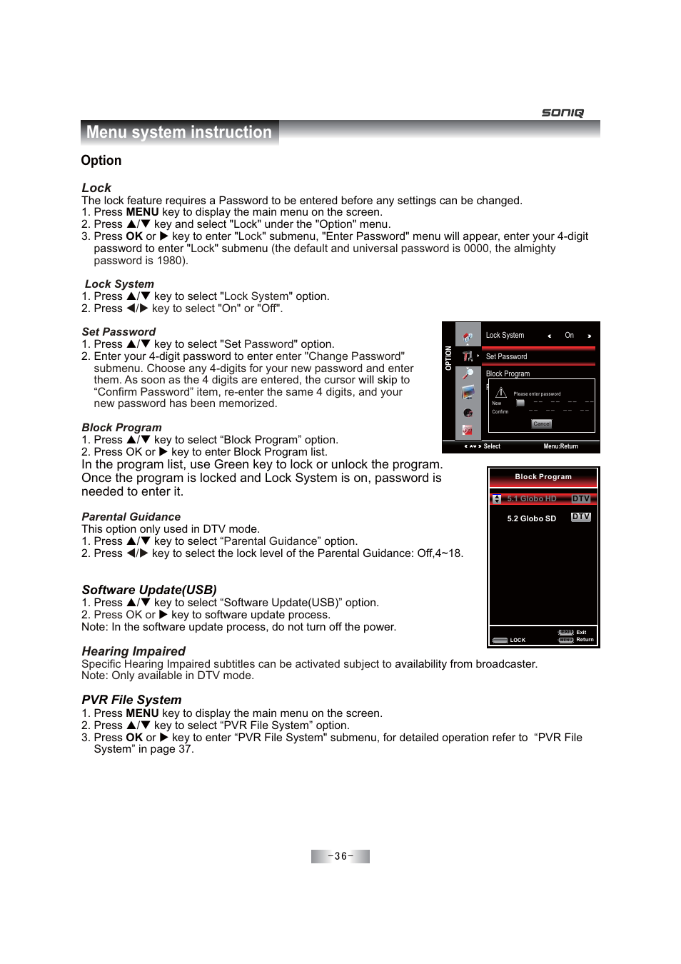 Menu system instruction, Option, Lock | Hearing impaired, Software update(usb), Pvr file system | SONIQ E46Z11A User Manual | Page 37 / 55