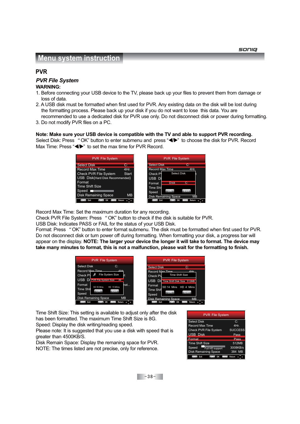 Menu system instruction, Pvr file system | SONIQ E46Z11A User Manual | Page 39 / 55