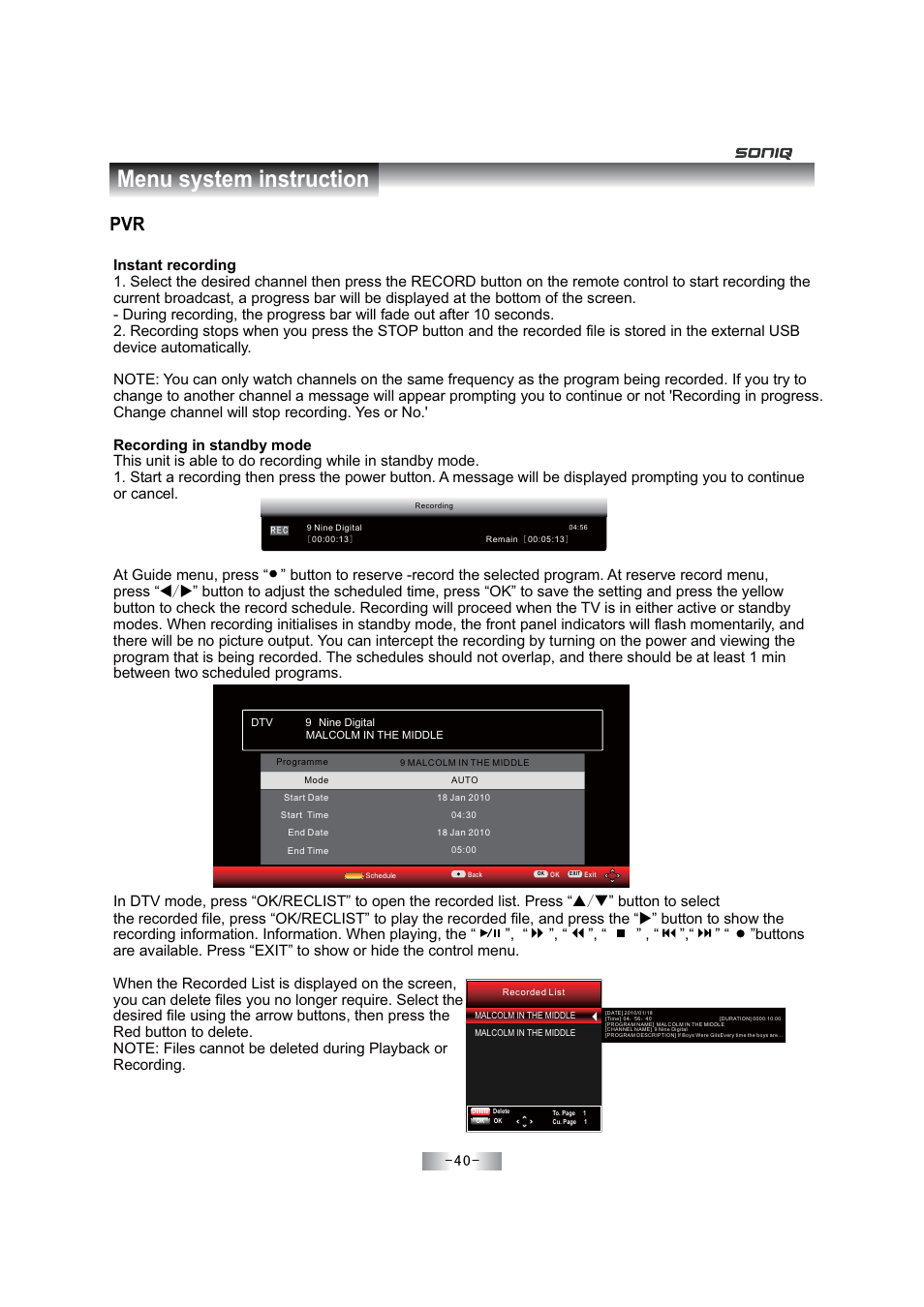Menu system instruction | SONIQ E46Z11A User Manual | Page 41 / 55