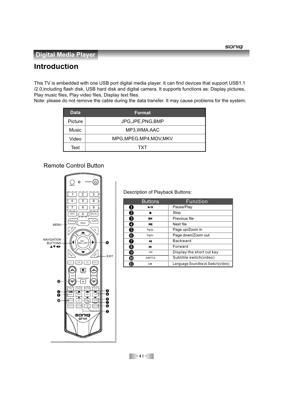 Introduction, Digital media player, Remote control button | Buttons function, Mpg,mpeg, , , mp4 mov mkv, Description of playback buttons, Subtitile switch(video), Language soundtra ck switc h(video) | SONIQ E46Z11A User Manual | Page 42 / 55