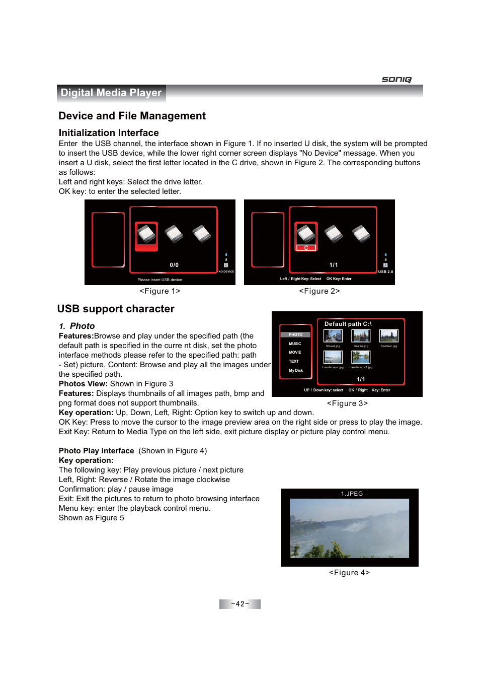 Device and file management, Usb support character, Digital media player | Initialization interface, Photo, Figure 1> <figure 2> <figure 3, Figure 4 | SONIQ E46Z11A User Manual | Page 43 / 55