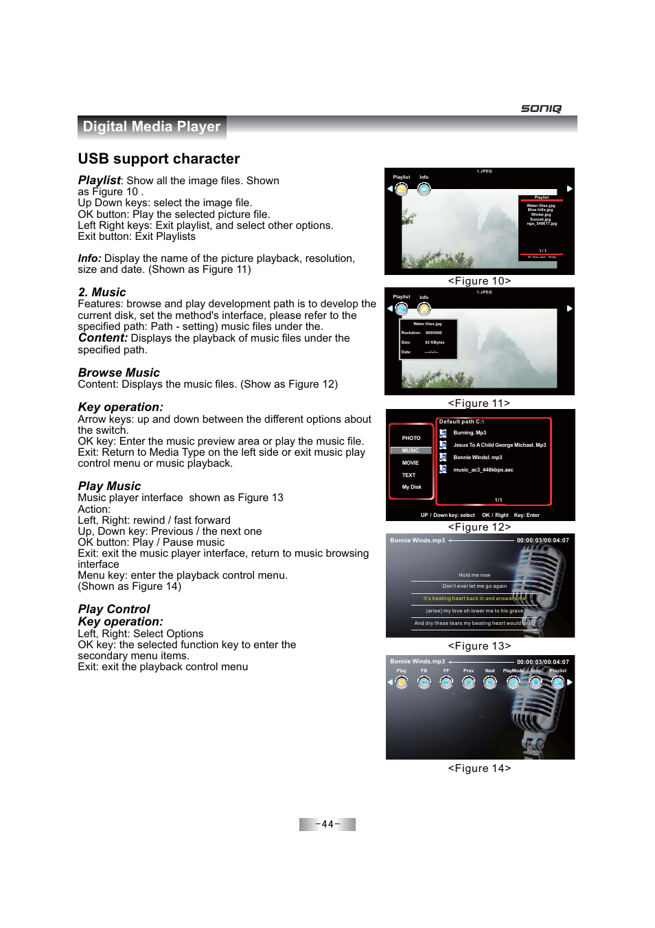 Digital media player, Usb support character, Playlist | Music, Content, Browse music, Key operation, Play music, Play control key operation, Figure 11 | SONIQ E46Z11A User Manual | Page 45 / 55