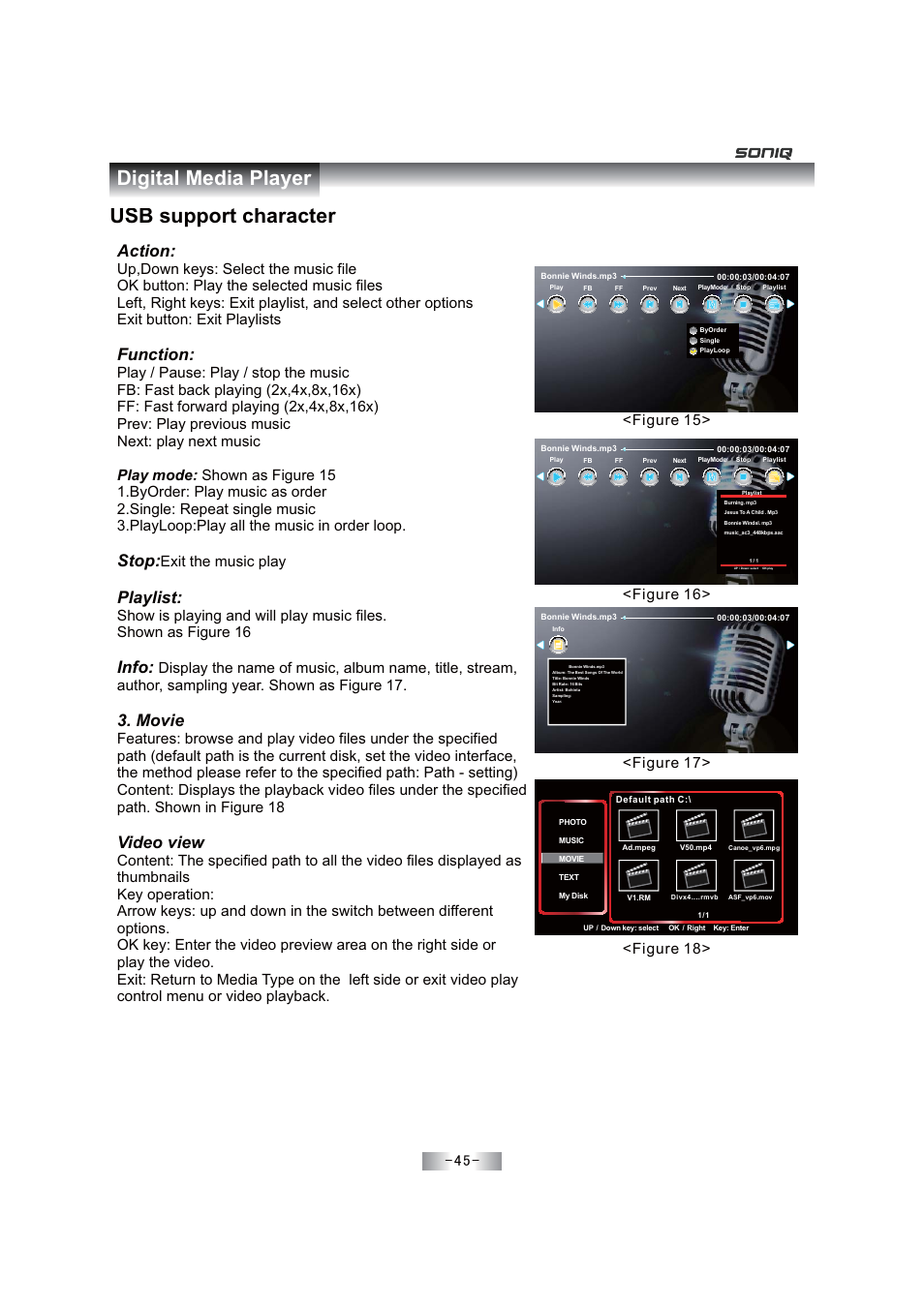 Usb support character, Digital media player, Action | Function, Stop, Playlist, Info, Movie, Video view, Exit the music play | SONIQ E46Z11A User Manual | Page 46 / 55