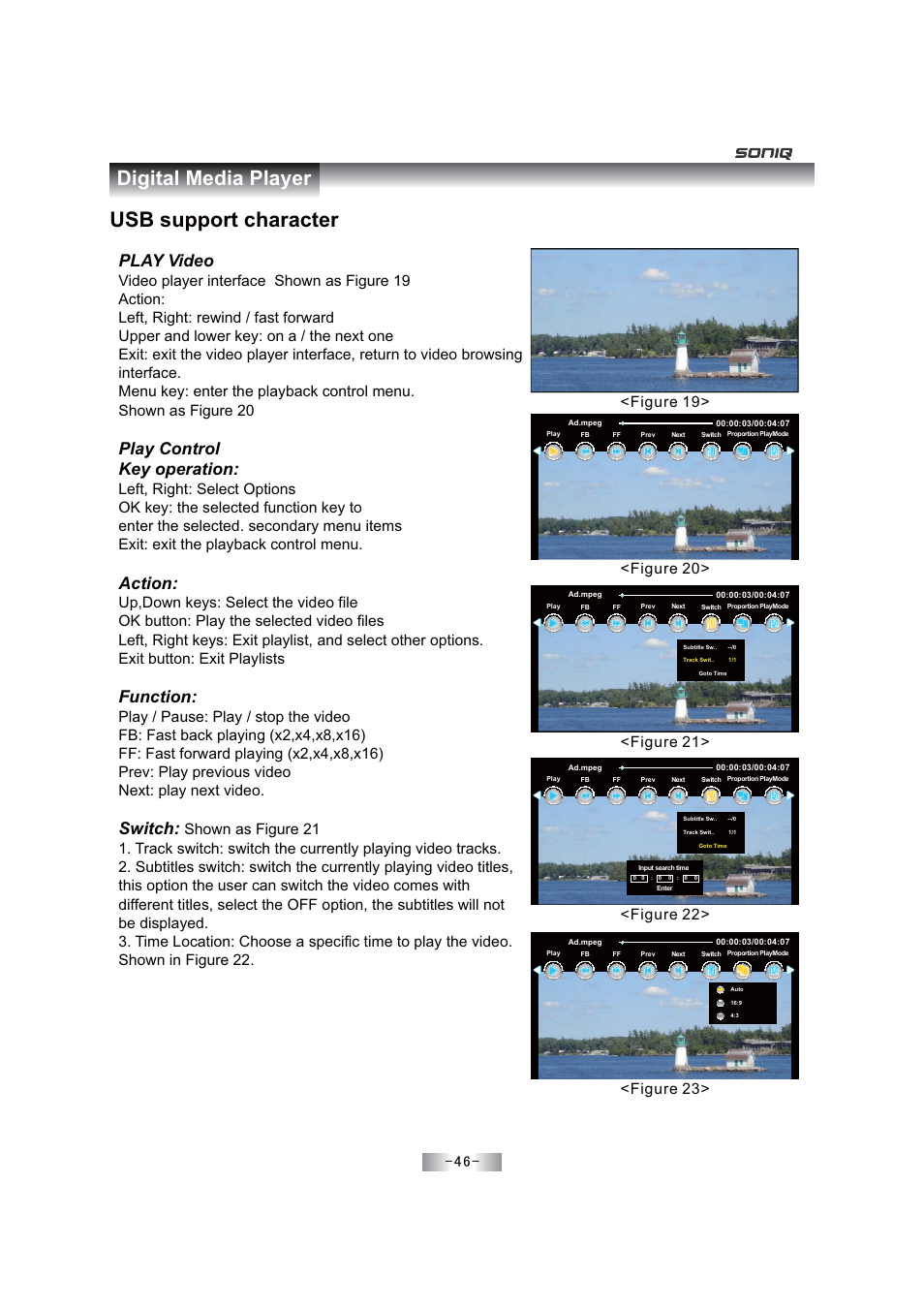 Usb support character, Digital media player, Play video | Play control key operation, Action, Function, Switch, Figure 22, Figure 23 | SONIQ E46Z11A User Manual | Page 47 / 55