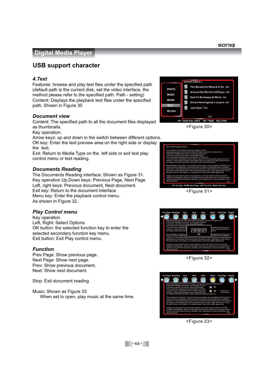 Usb support character, Digital media player, Text | Document view, Documents reading, Play control menu, Function, Figure 31, Figure 32> <figure 33 | SONIQ E46Z11A User Manual | Page 49 / 55