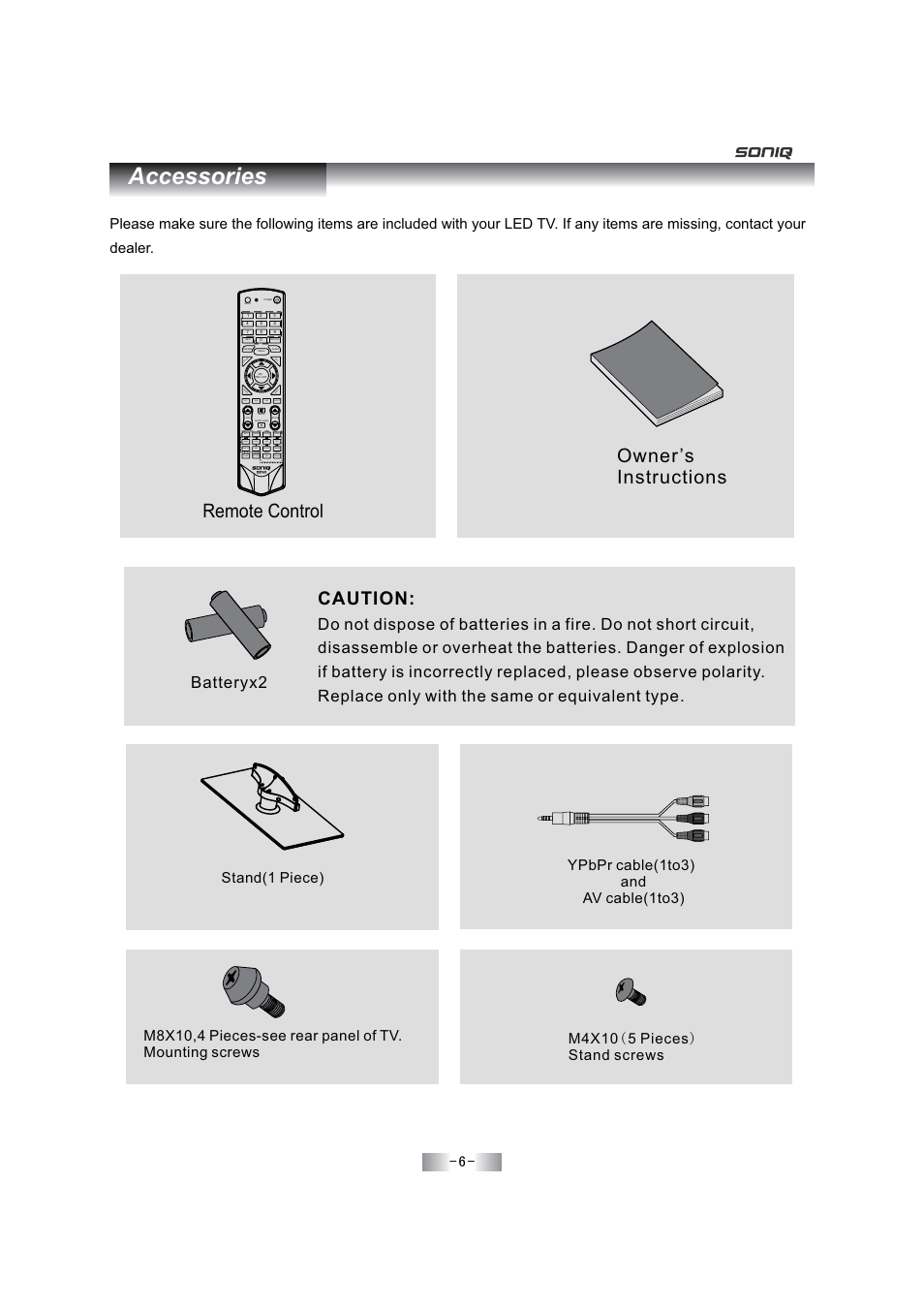 Accessories, Remote control, Caution | Owner’s instructions, Batteryx2 | SONIQ E46Z11A User Manual | Page 7 / 55