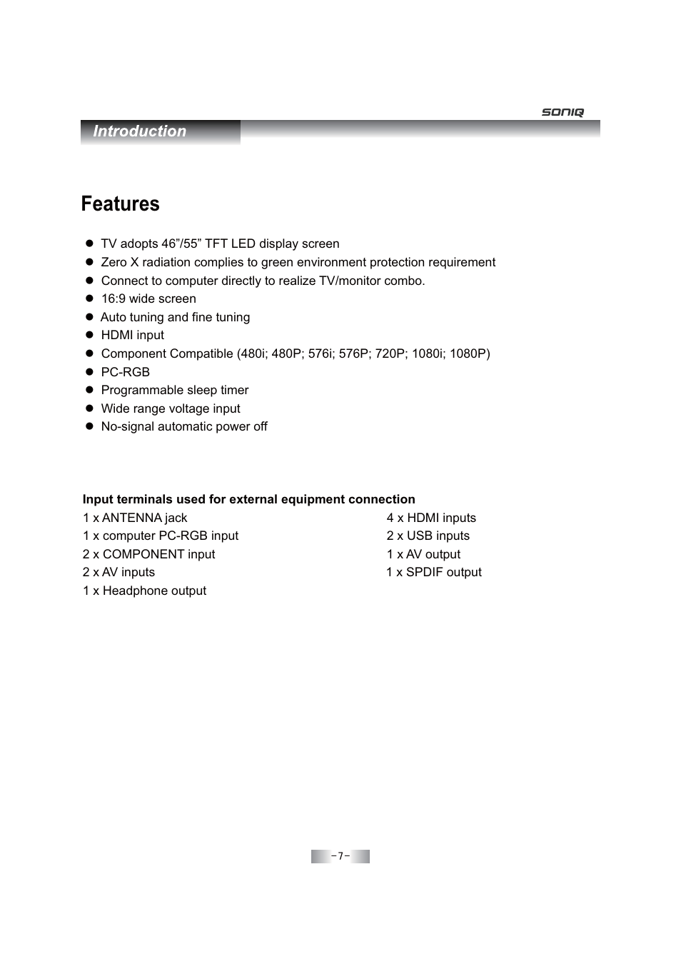 Features | SONIQ E46Z11A User Manual | Page 8 / 55