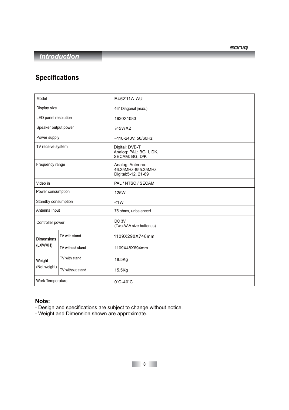 Specifications | SONIQ E46Z11A User Manual | Page 9 / 55