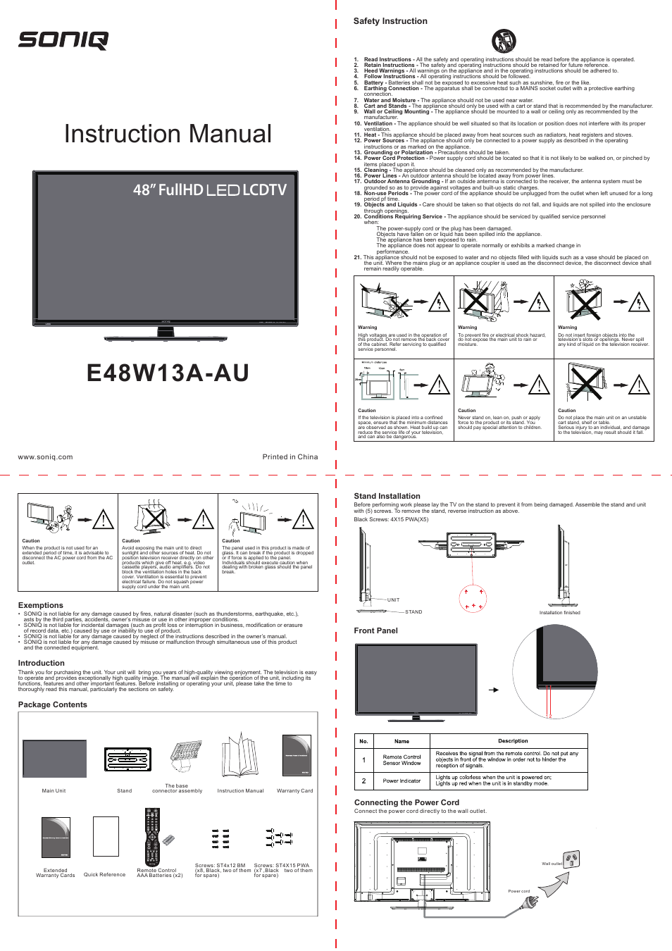 SONIQ E48W13A User Manual | 2 pages