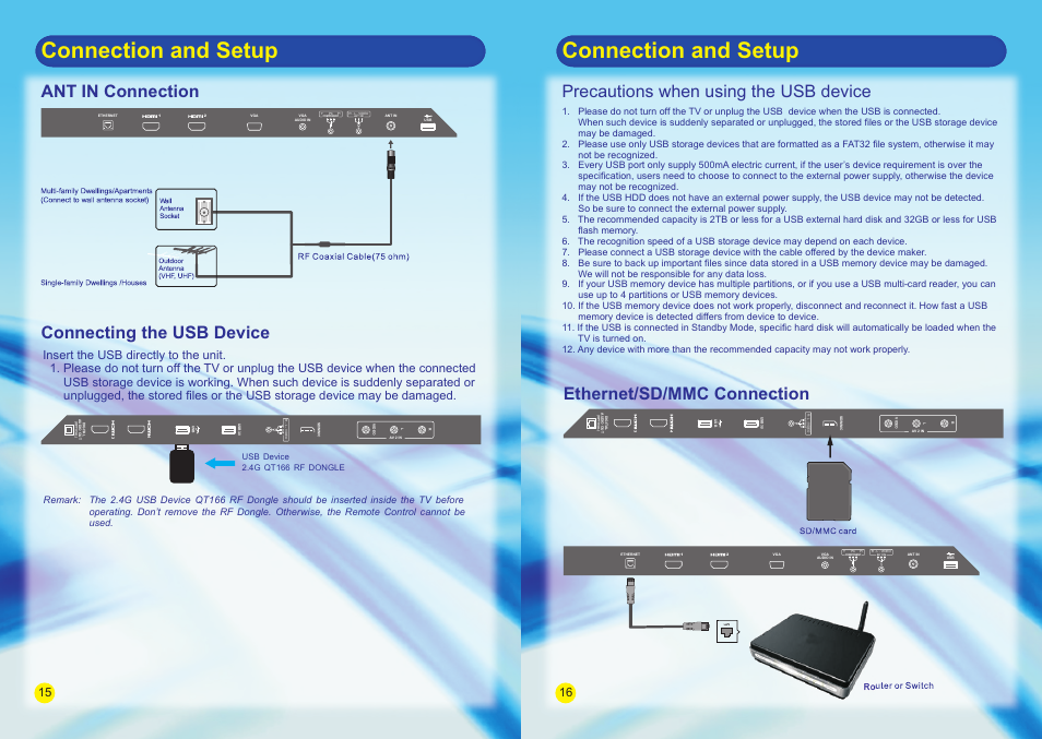 Connection and setup, Ethernet/sd/mmc connection, Precautions when using the usb device | Ant in connection, Connecting the usb device | SONIQ E55V13A User Manual | Page 10 / 23