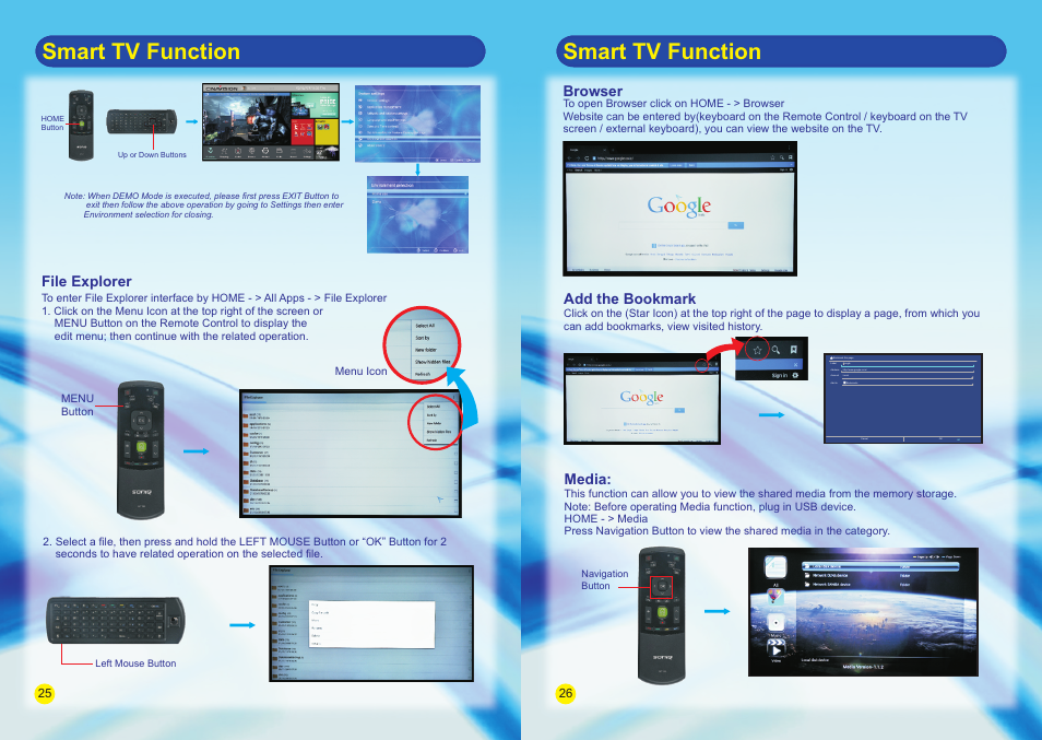 Smart tv function, File explorer, Browser add the bookmark | Media | SONIQ E55V13A User Manual | Page 14 / 23
