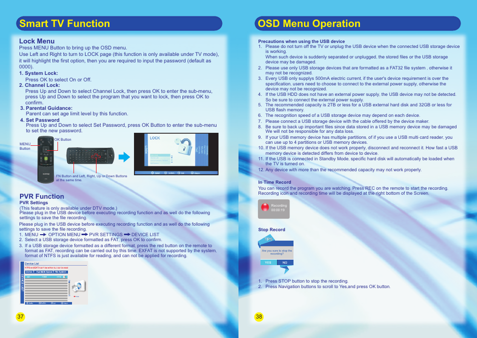 Smart tv function osd menu operation, Lock menu, Pvr function | SONIQ E55V13A User Manual | Page 21 / 23