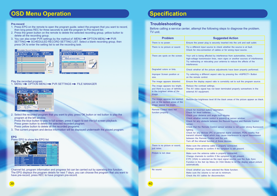 Osd menu operation specification, Troubleshooting | SONIQ E55V13A User Manual | Page 22 / 23