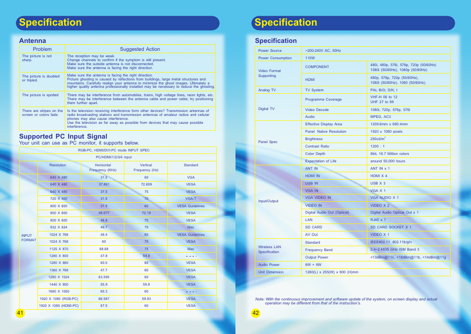 Specification, Antenna, Supported pc input signal | SONIQ E55V13A User Manual | Page 23 / 23