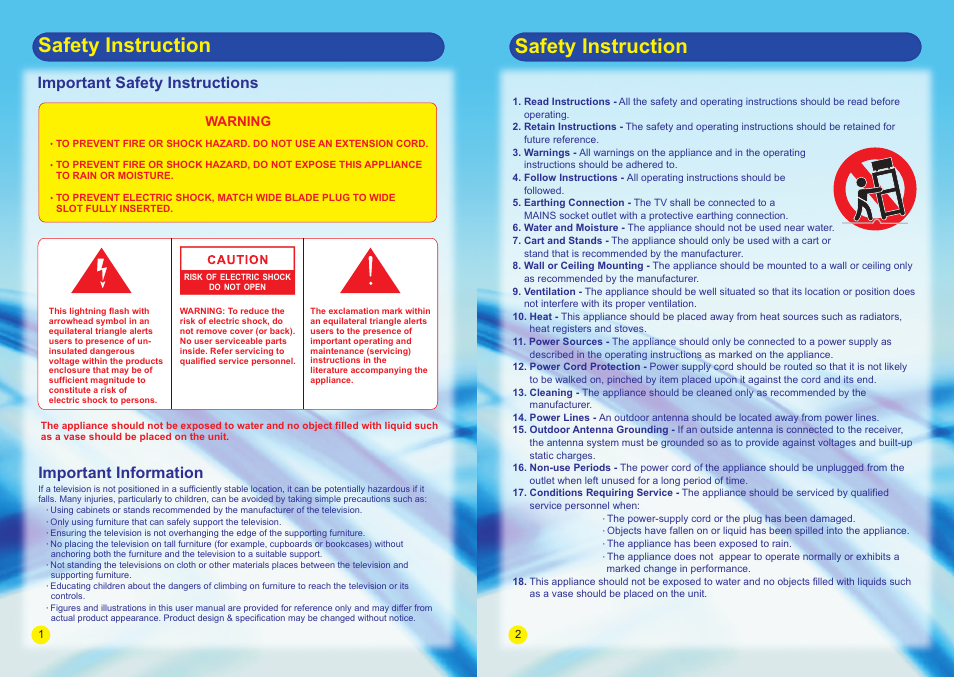 Safety instruction, Important safety instructions, Important information | SONIQ E55V13A User Manual | Page 3 / 23